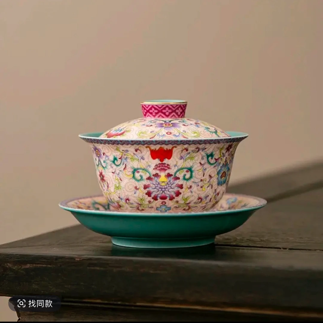 珐琅彩花开盛世松石绿三才盖碗家用送礼陶瓷功夫茶具泡茶碗