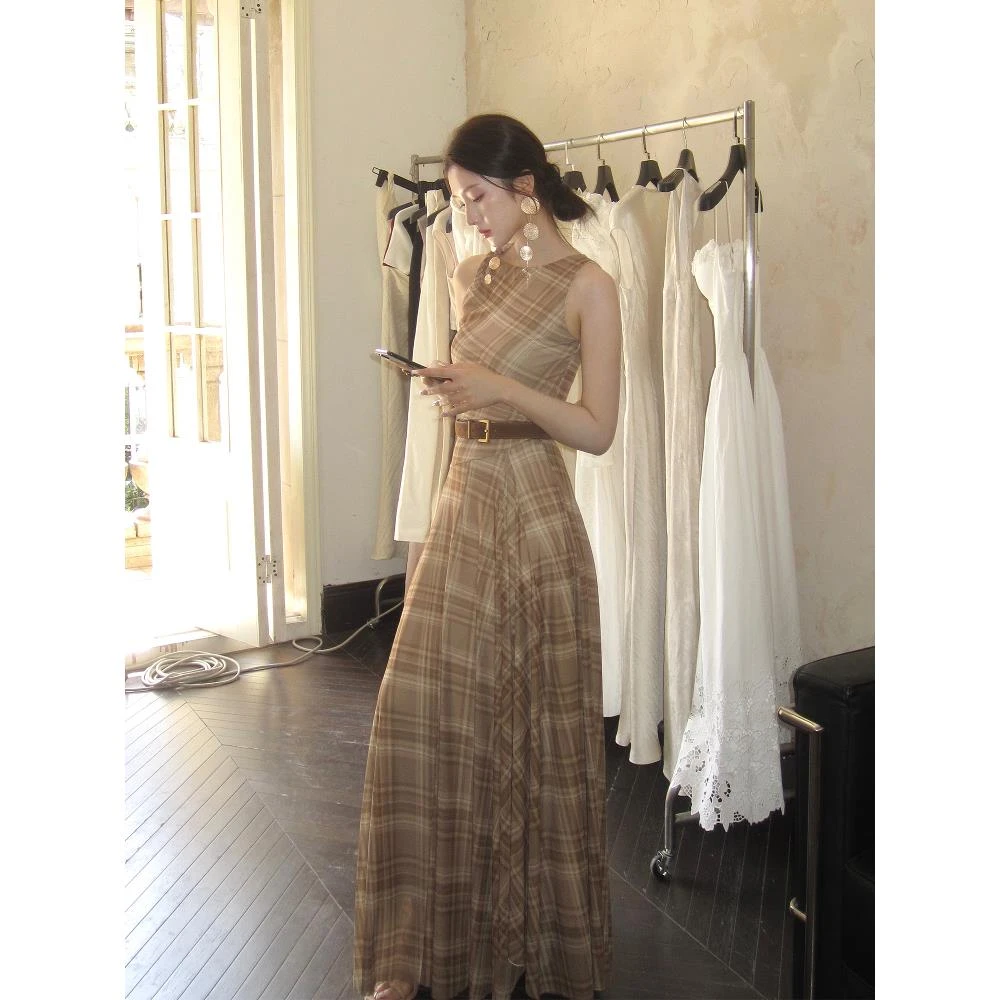 时刻【摩登情人】法式复古无袖扭结大摆气质连衣裙设计感收腰长裙