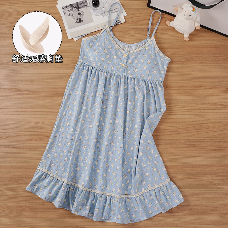 吊带睡裙2025新款爆款夏季女士睡衣可爱天蓝带胸垫可外穿家居服