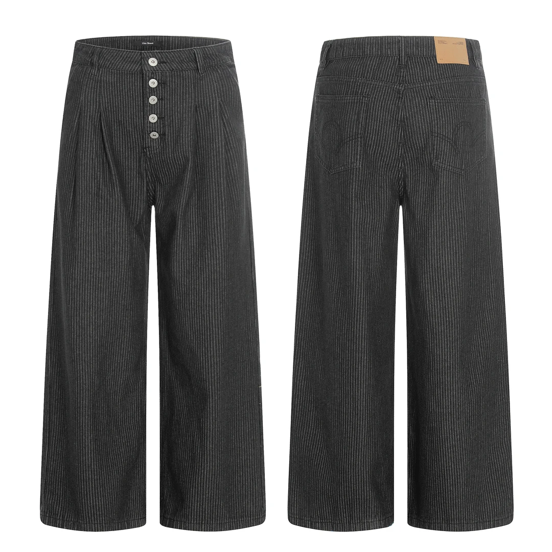 新贵老钱风复古优雅黑色条纹打褶水洗排扣牛仔裤直筒宽松长裤3602