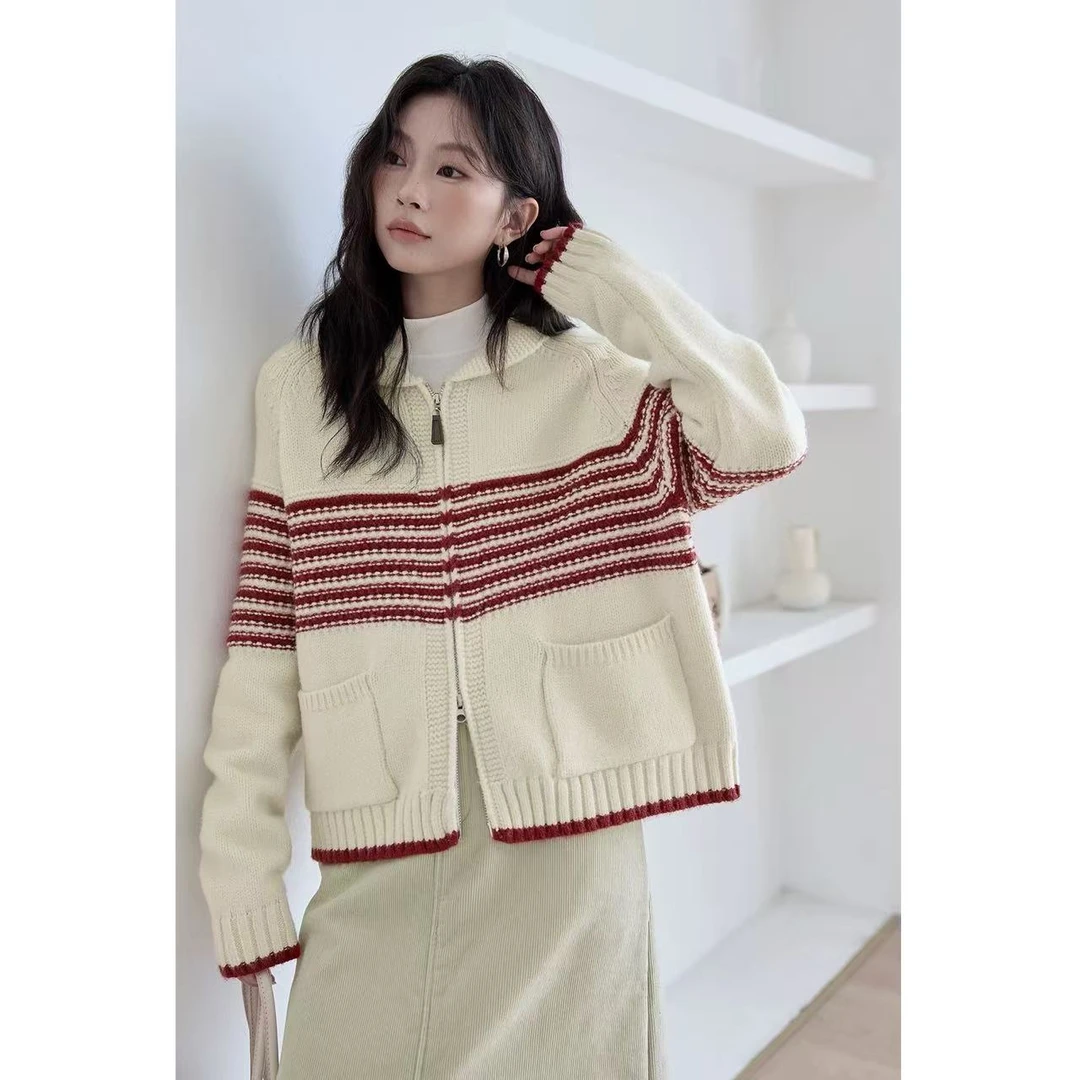 条纹双拉链毛衣女2025年秋冬新款复古气质显瘦开衫上衣ss28554