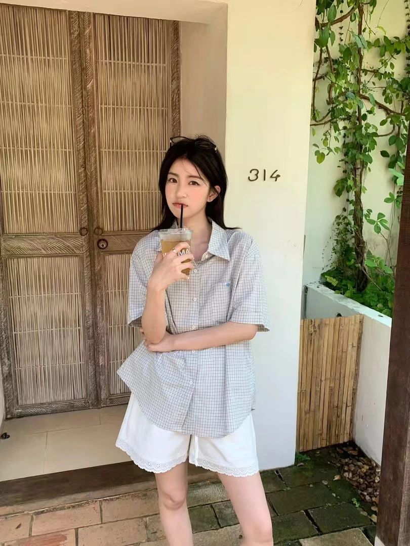 kittin@7836 韩系简约日常通勤格纹短袖衬衫 6-13