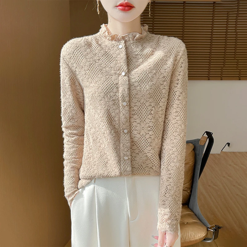 新款简约百搭女衬衣蕾丝镂空木耳领长袖