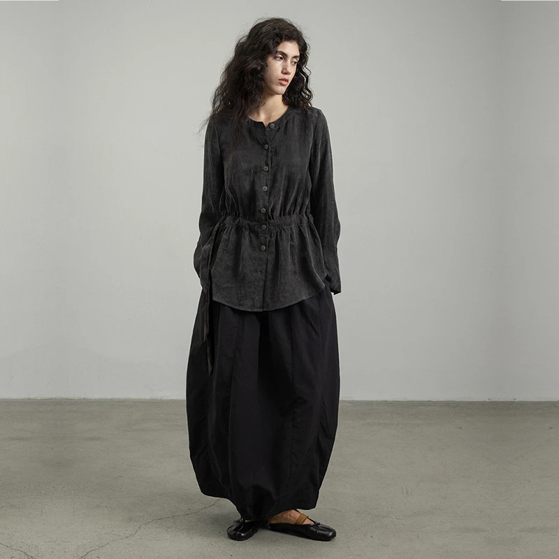 宽泛收腰抽绳圆领衬衫莱赛尔天丝简约复古可调节腰带纯色衬衣