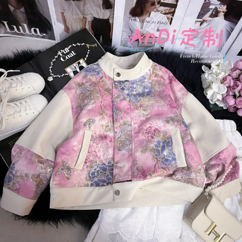 〖ANDI〗订制春季新款中大童女童复古花朵拼接皮洋气外套3584