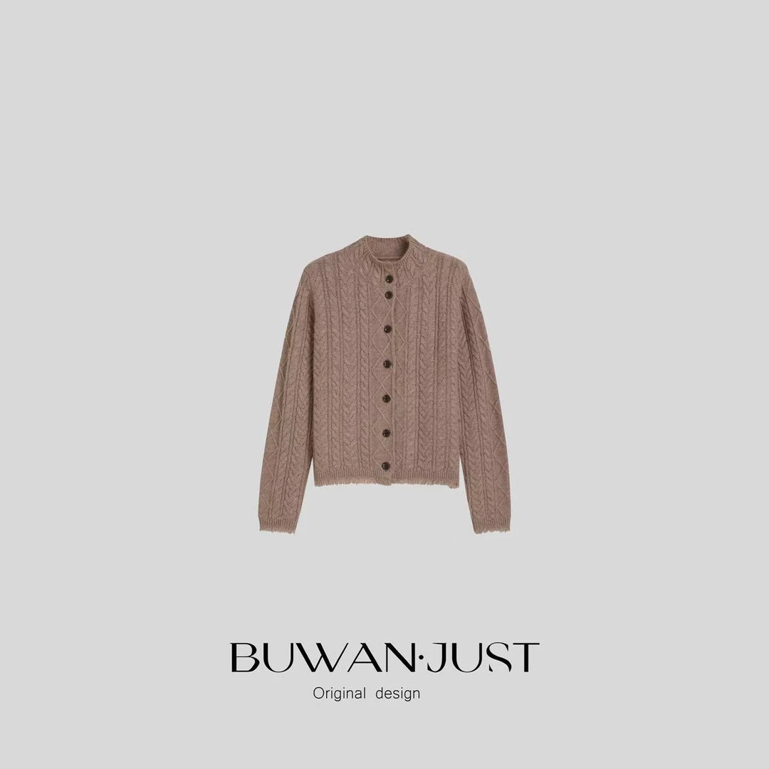 BUWANJUST【叙叙旧】高定绵羊毛混纺手工麻花编织老钱毛织外套B2269