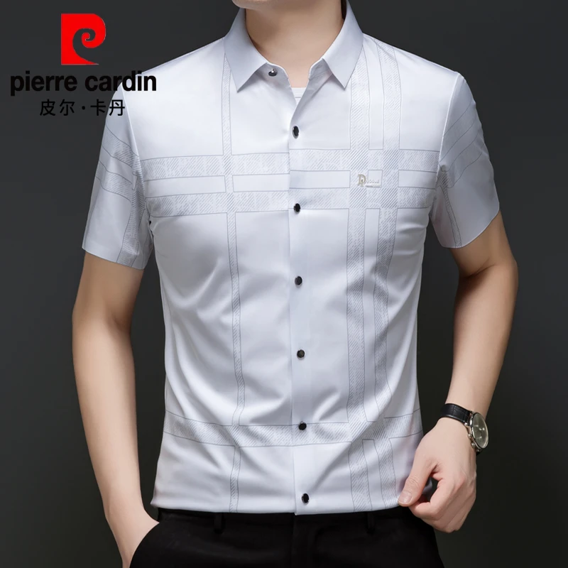 皮尔卡丹正品男士高档短袖条纹衬衫夏季抗皱免烫无痕高弹时尚衬衣