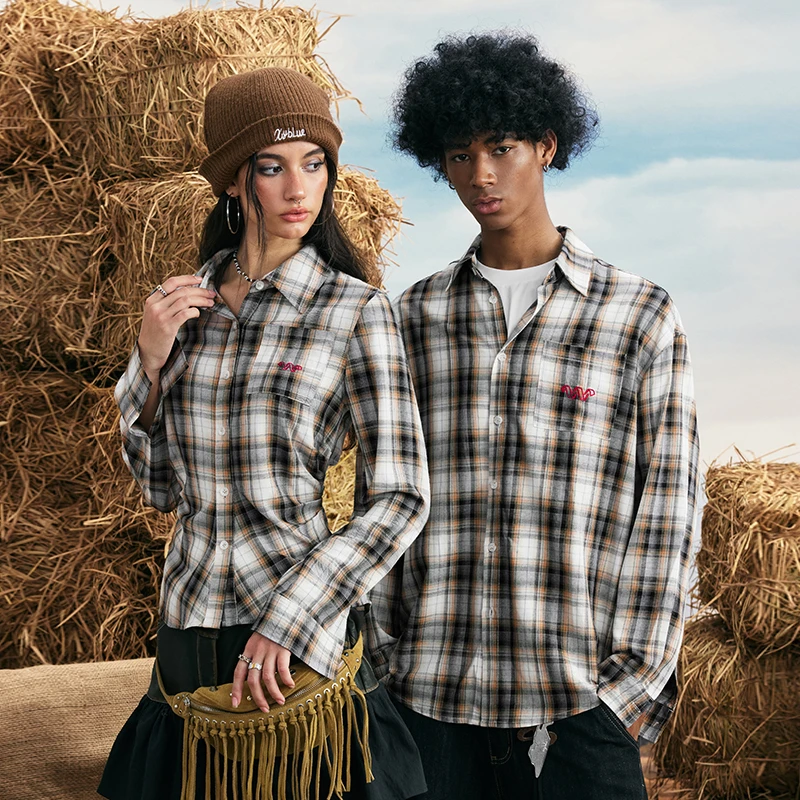 WaitingWave复古格纹衬衫长短款美式休闲情侣款衬衣外套