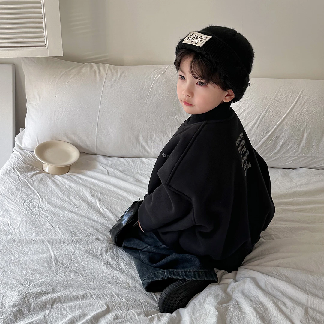 暮晨家新冬装2024男女童一体绒棒球服外套中小童加厚保暖夹克上衣