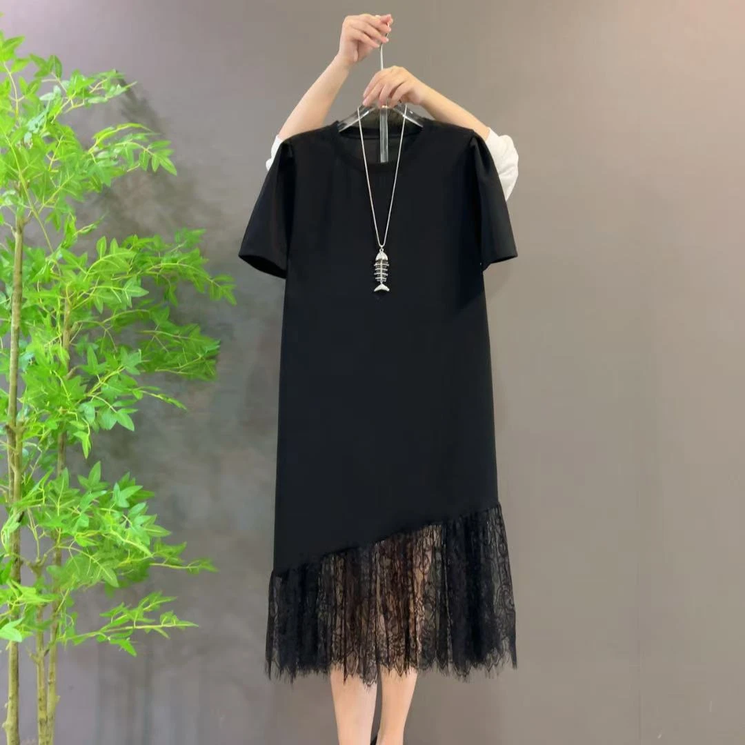 815816夏季新款法式轻奢蕾丝拼接黑色大码连衣裙显瘦气质小黑裙