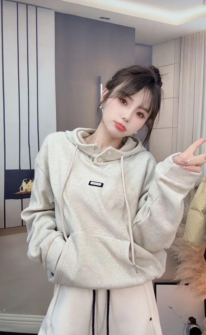 【西柚专属】1058bb绒秋冬韩版连帽卫衣女款抽绳设计感长袖上衣