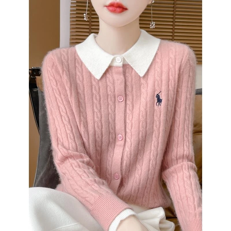 【 100%羊毛 】假两件开衫女翻领拼色刺绣麻花毛衣宽松针织外套上衣