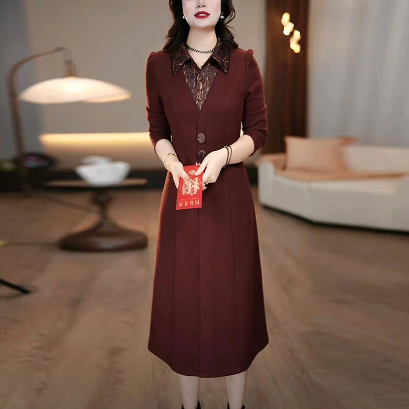 磨毛精纺长袖收腰显瘦遮肉连衣裙女2025春季新款韩版时尚洋气裙子