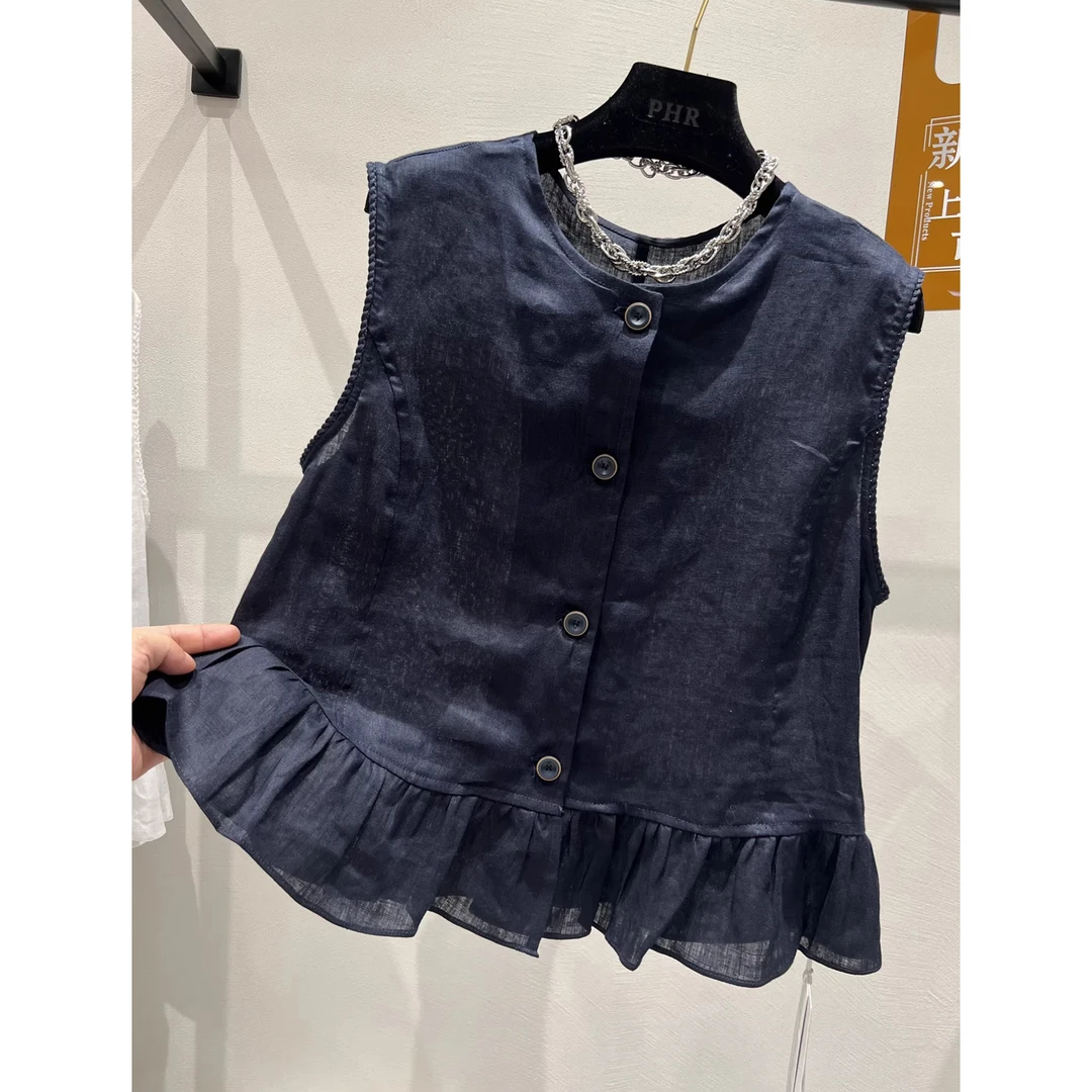 大码女装高端2025年夏季新款圆领单排扣荷叶边无袖背心马甲女上衣