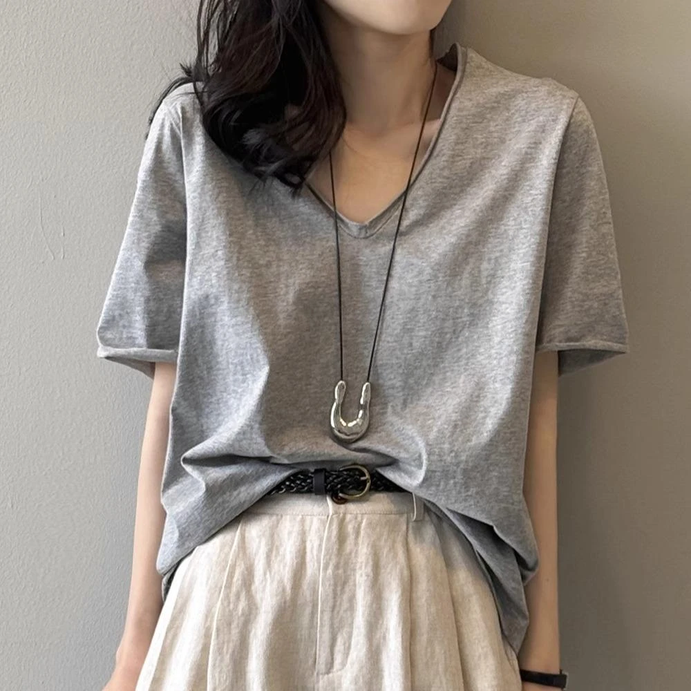 2025年夏季新款宽松卷边V领单穿短袖T恤女棉纯色休闲打底衫上衣