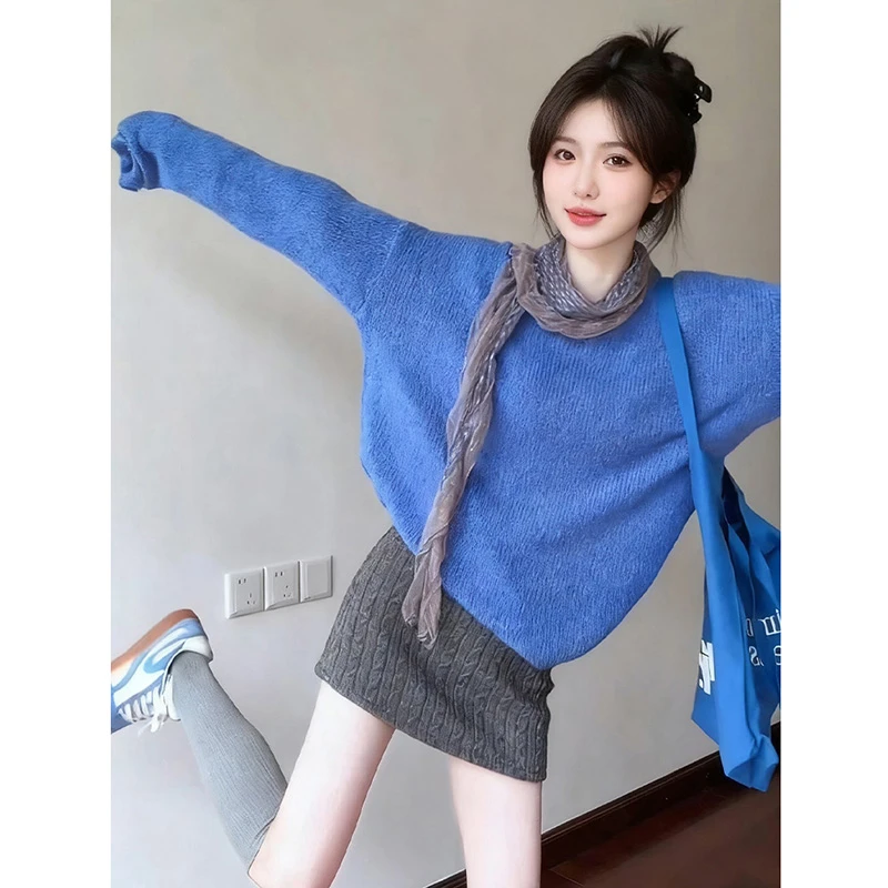 慵懒风蓝色针织毛衣女秋冬2025新款巨好看早秋包臀短裙穿搭一整套