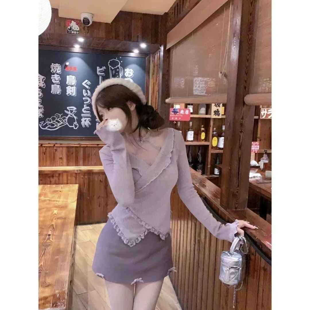 纯欲2025辣妹耳边春季新款紫色显瘦上衣长袖套装半身裙两件套