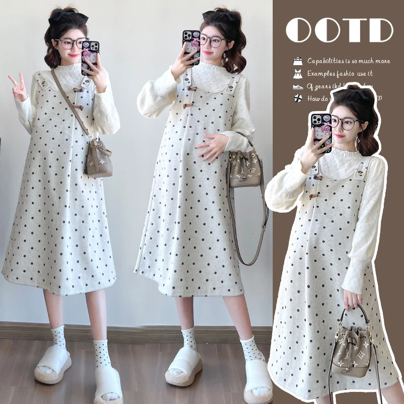 孕妇春装韩版春季2025薄款减龄气质波点背带裙+甜美系打底套装潮