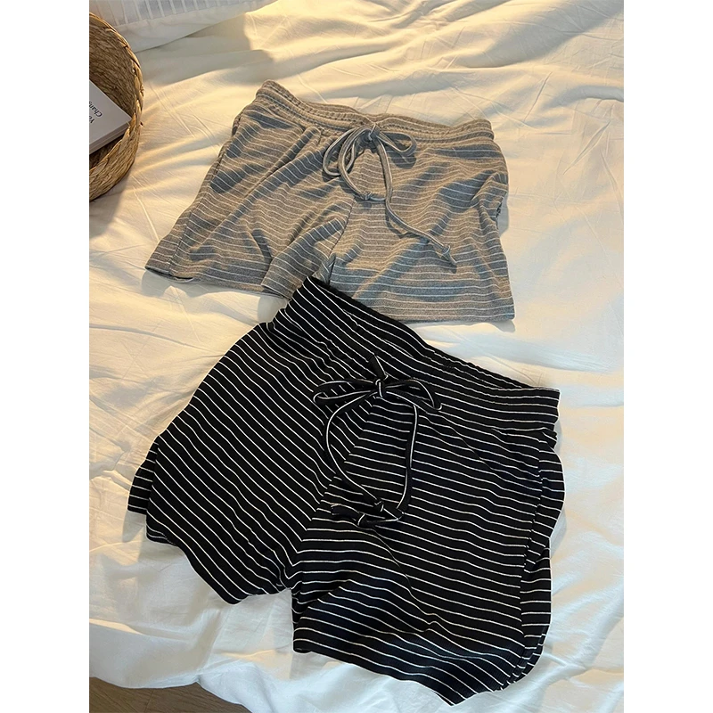 【慵懒条纹】韩系复古高腰阔腿睡裤女夏季新款休闲抽绳家居服短裤子
