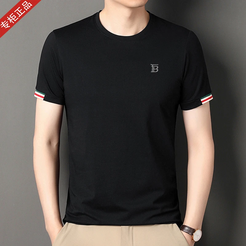 专柜正品欧洲英伦巴家短袖T恤男商务休闲高档纯色圆领纯棉半袖衫