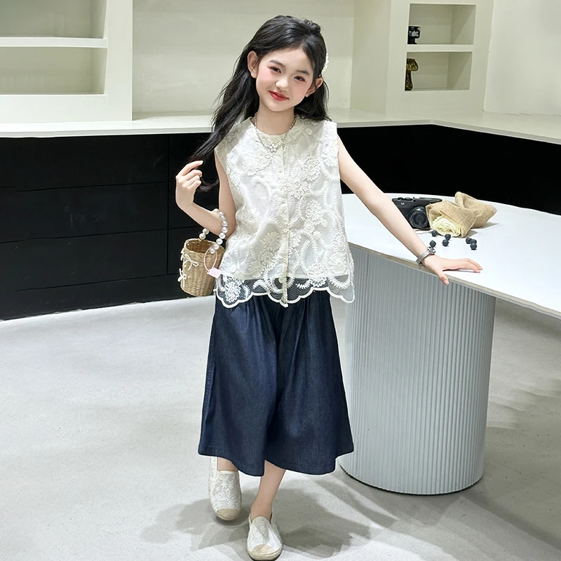 女童夏装套装2025新款洋气儿童刺绣背心女孩夏季七分阔腿裤套装潮