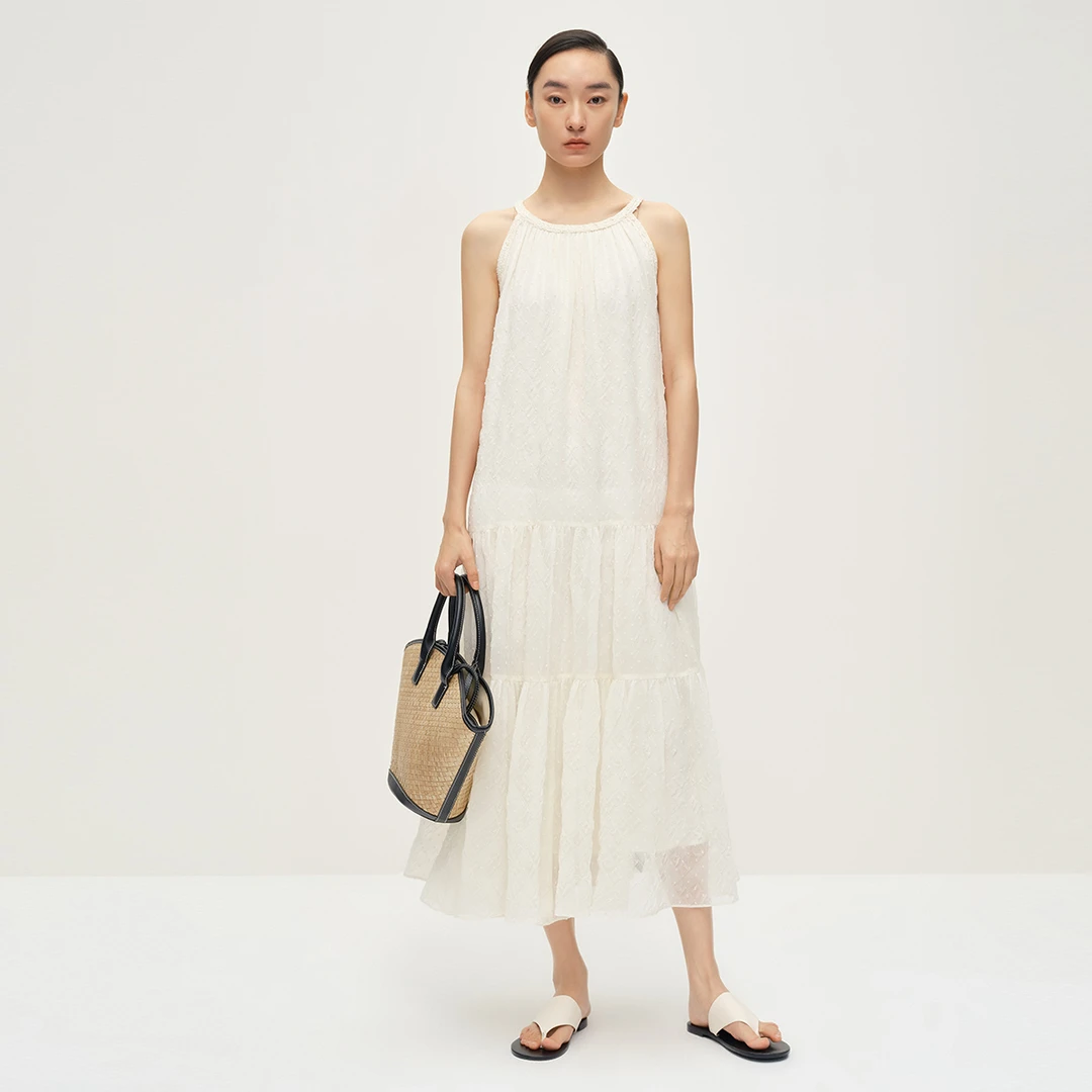 【小七专属】夏季新款挂脖式吊带白色短袖连衣裙女吊带裙G781837