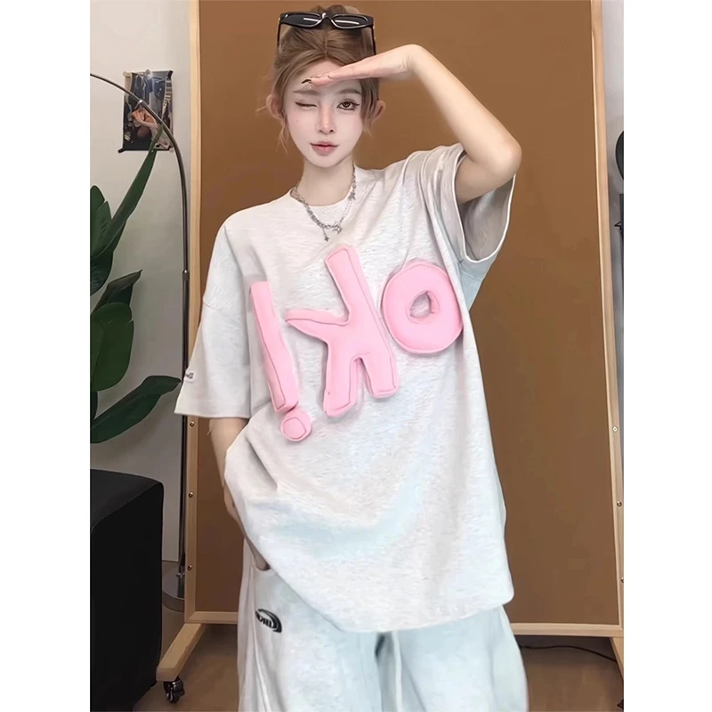 ok立体字母短袖T恤男款夏季潮牌美式复古cleanfit宽松情侣半截袖