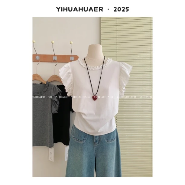 东大门韩系夏款袖口拼接花边设计感木耳领气质百搭T恤2929