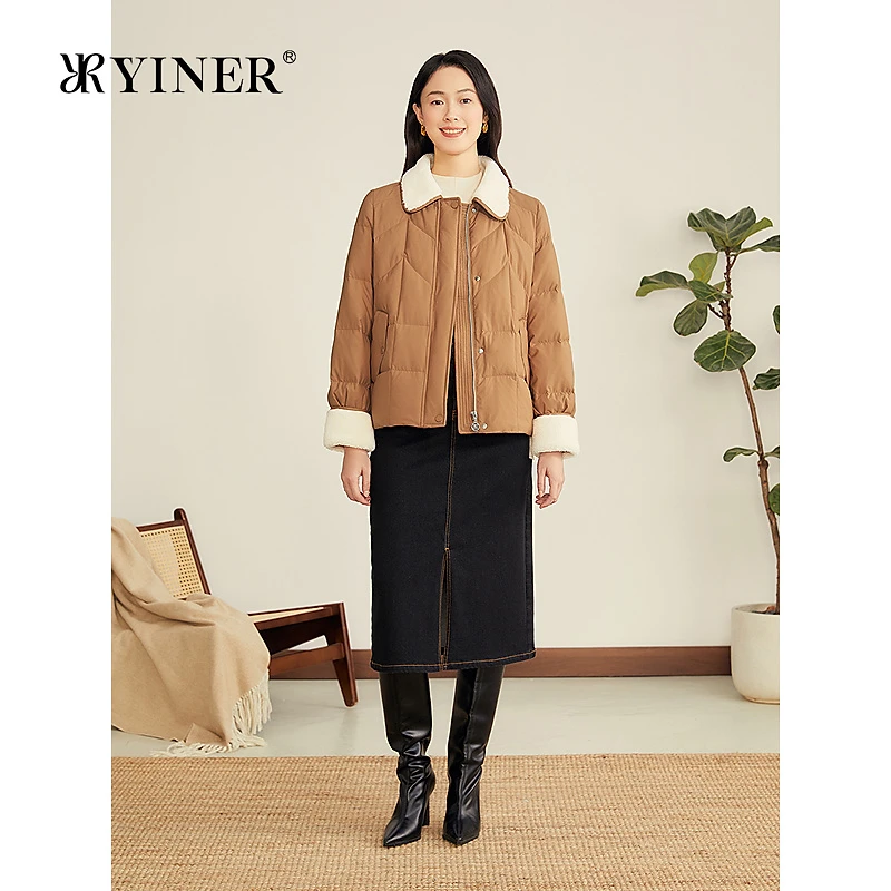 YINER音儿专选2025秋季新款法式绒感颗粒羊毛混纺翻领短款羽绒服