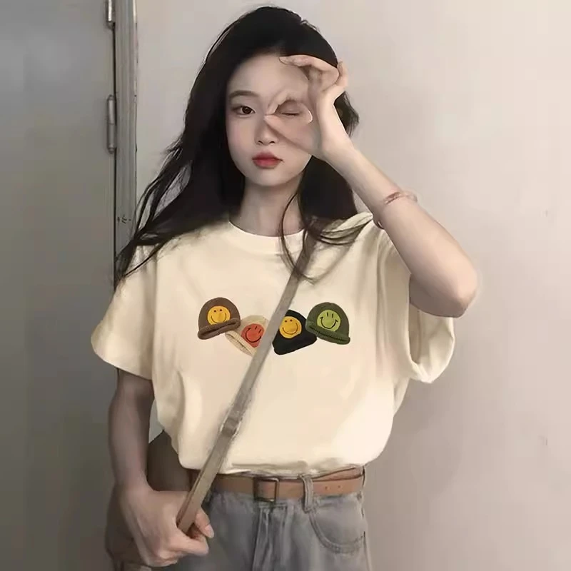 杏色正肩短袖t恤女宽松2025夏新款韩版纯棉小众显瘦百搭半袖体恤