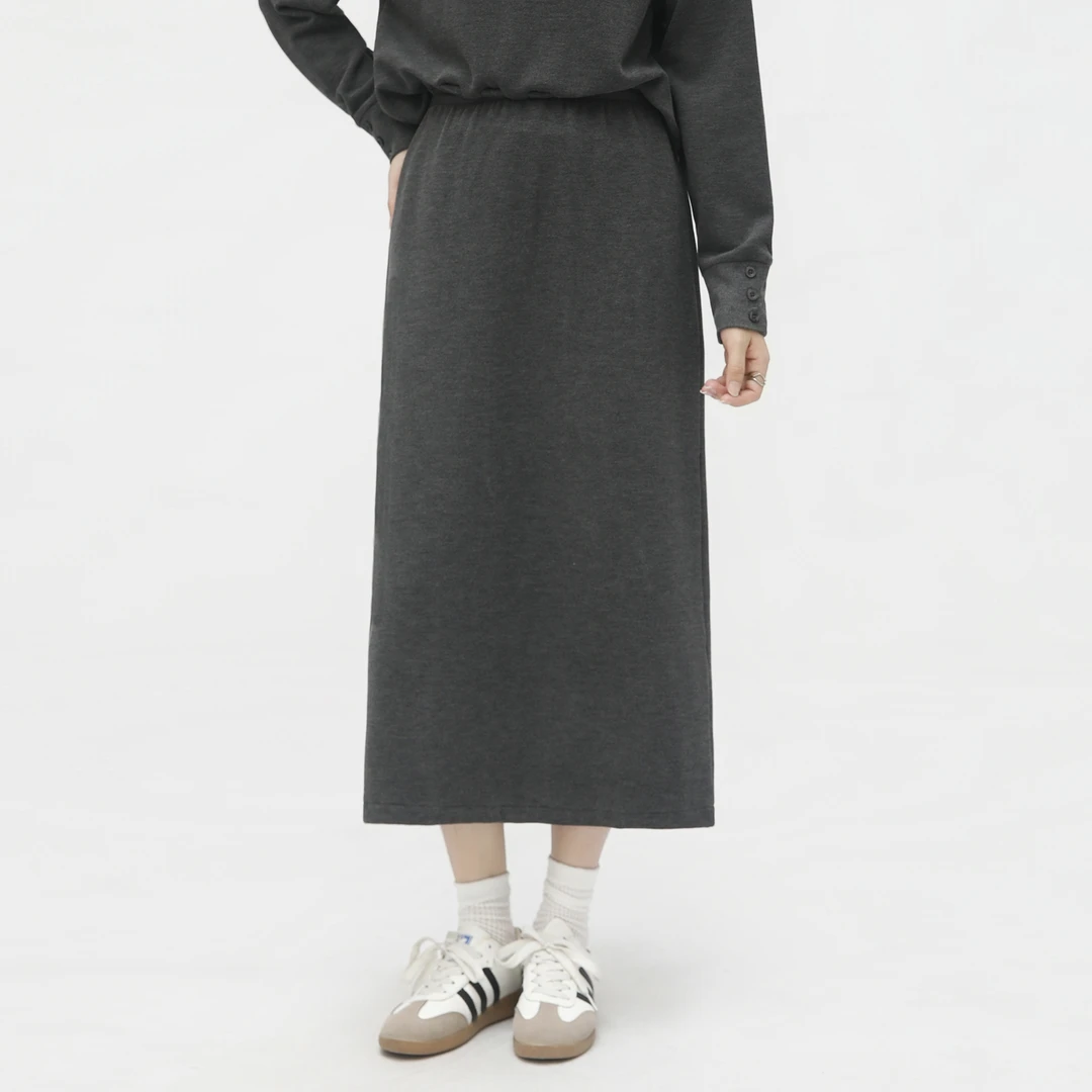 粗针雪花绒半身裙女A字后开衩设计通勤休闲宽松显瘦休闲黑色裙子