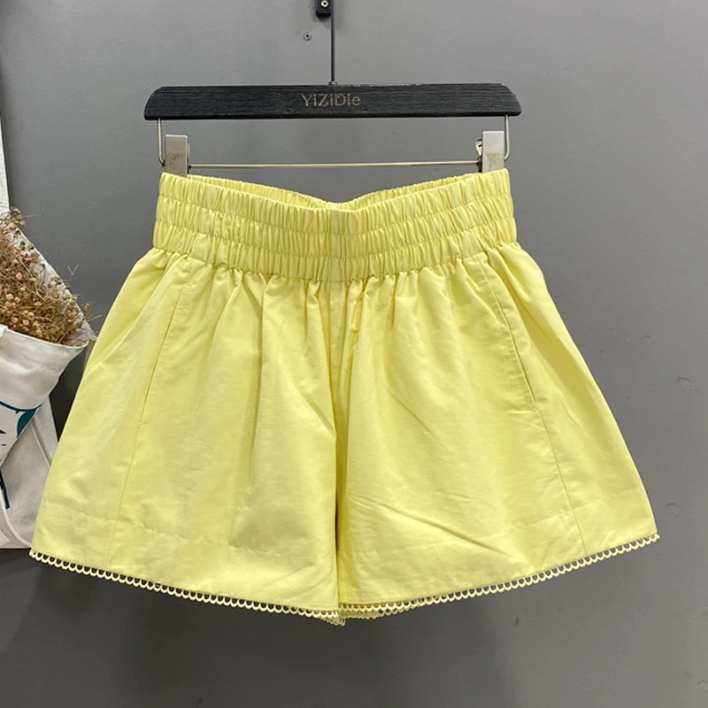 黄色松紧腰花边短裤女外穿2025年夏季新款高腰宽松显瘦阔腿裤子潮