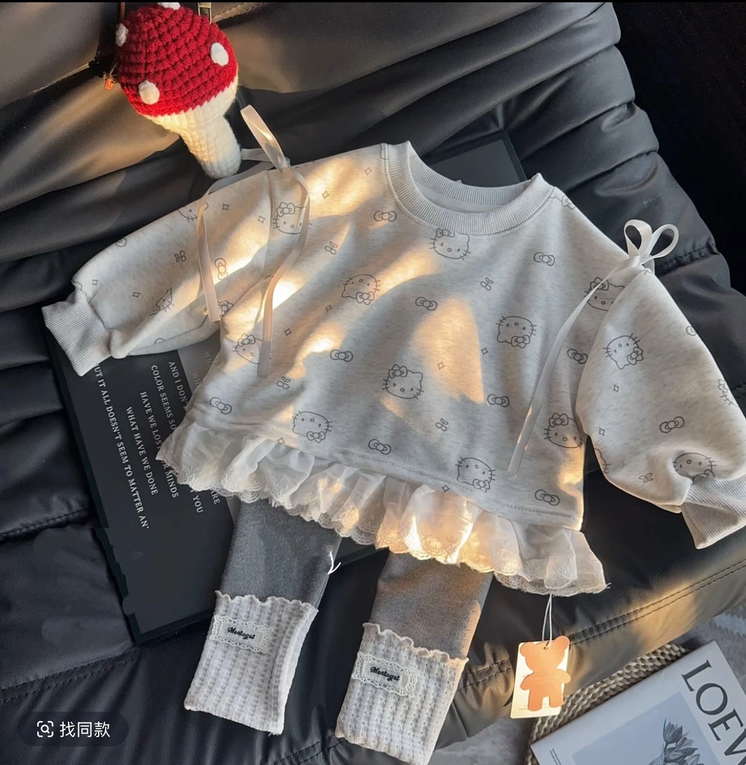 女宝宝两件套女宝宝可爱满印小KT时尚卡通圆领卫衣堆堆袜裤子套装