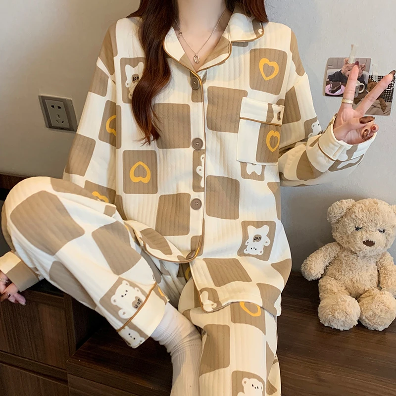 奶呼呼小熊新款睡衣女秋冬季空气夹层棉长袖套装美拉德家居服批发