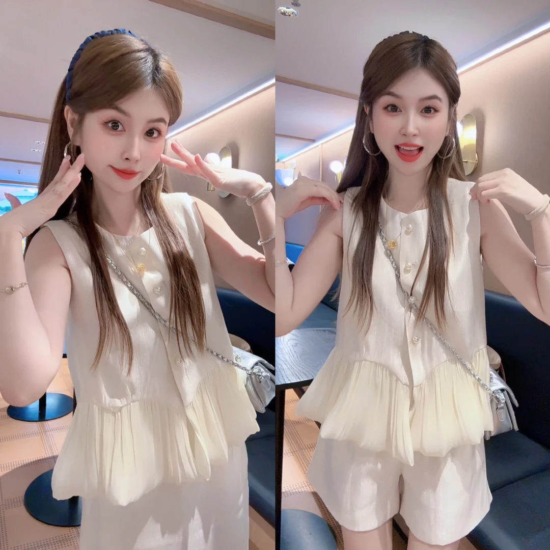 【现货】夏季轻奢时尚套装3144新款高级感小香风飘带拼接珠光两件套