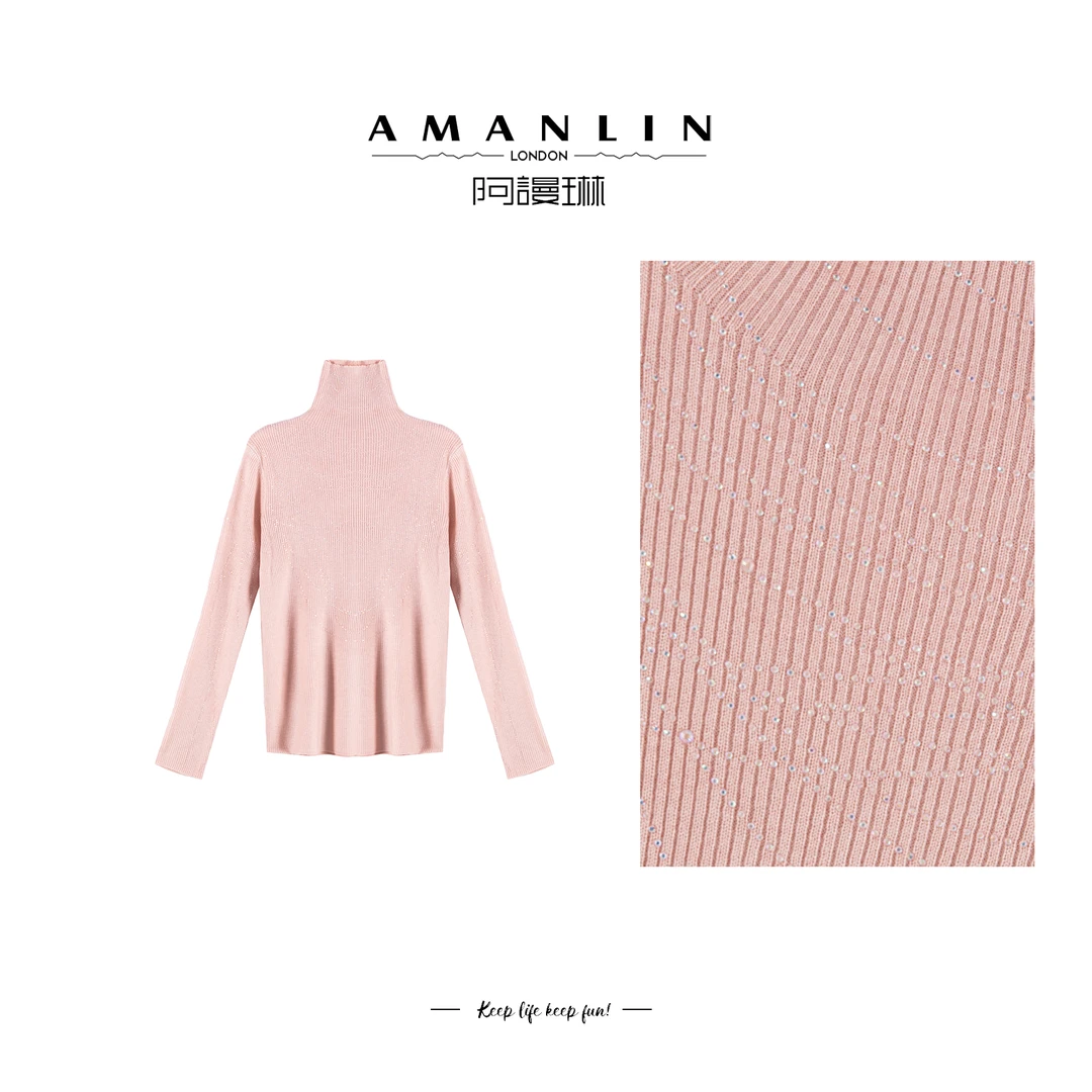 【AMANLIN】2025春季穿搭设计感细闪打底气质高领女士上衣F595322