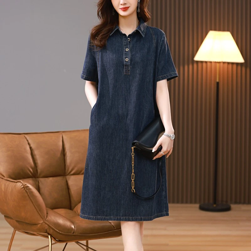 VONSRMAN洋气牛仔连衣裙女2025夏季新款中年妈妈宽松休闲薄款短袖