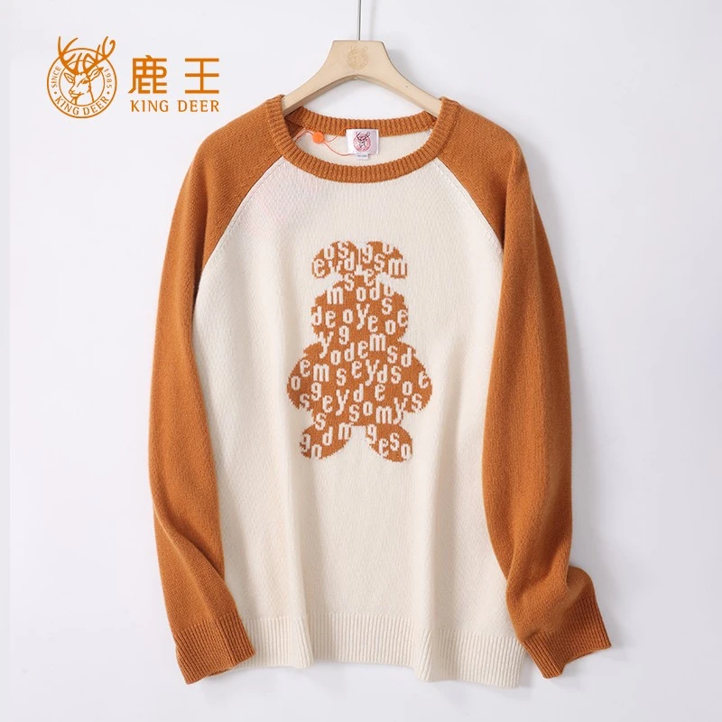 编号kd035鹿王24秋冬新款女圆领100山羊绒拼色提花休闲针织套衫厚