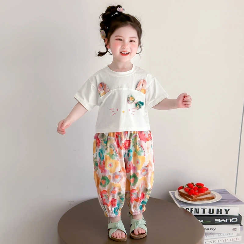 小女孩夏装洋气女宝宝可爱短袖套装薄款女童T恤碎花防蚊裤两件套