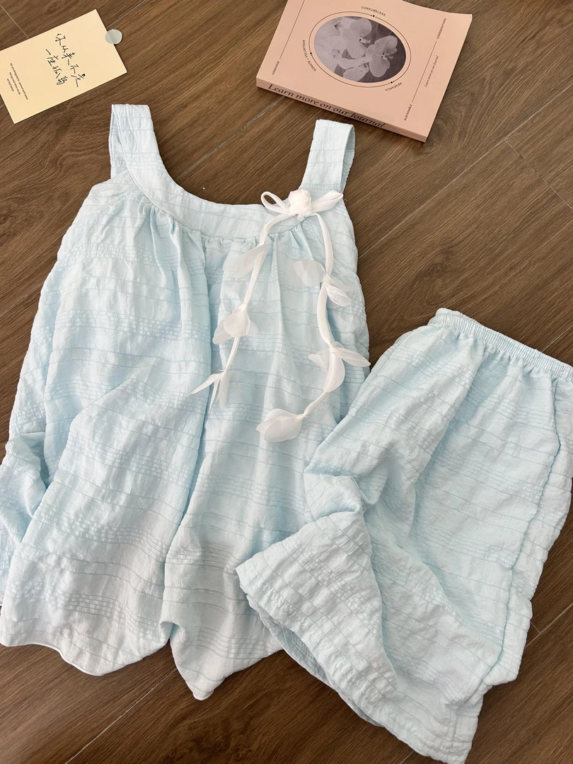 睡衣女吊带带胸垫云朵棉夏季新款纯色甜美ins风木耳袖短裤家居服