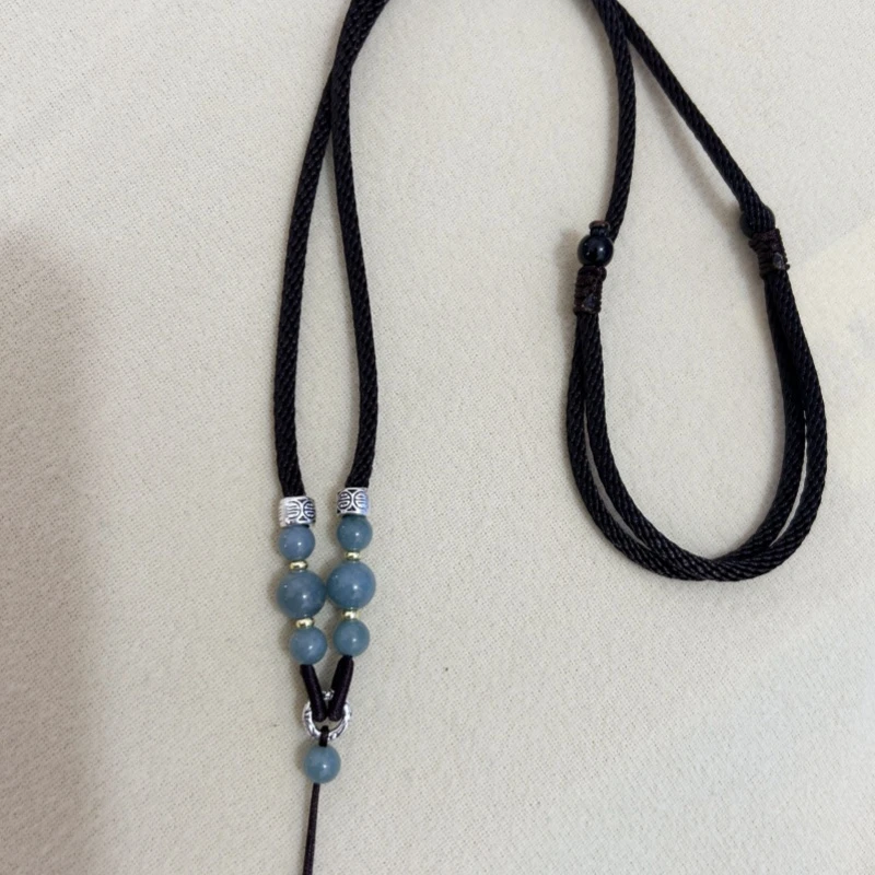 非金属布艺项链 高档墨蓝色配珠玉石无事牌观音佛公吊坠项链