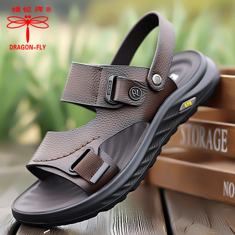 蜻蜓牌凉鞋夏季男士真皮休闲百搭沙滩鞋软底轻便耐磨两用凉拖鞋男