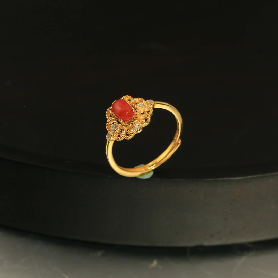 【杨杨专属】S925银 红珊瑚蛋面金色戒指 约4*6mm SH0152BA3