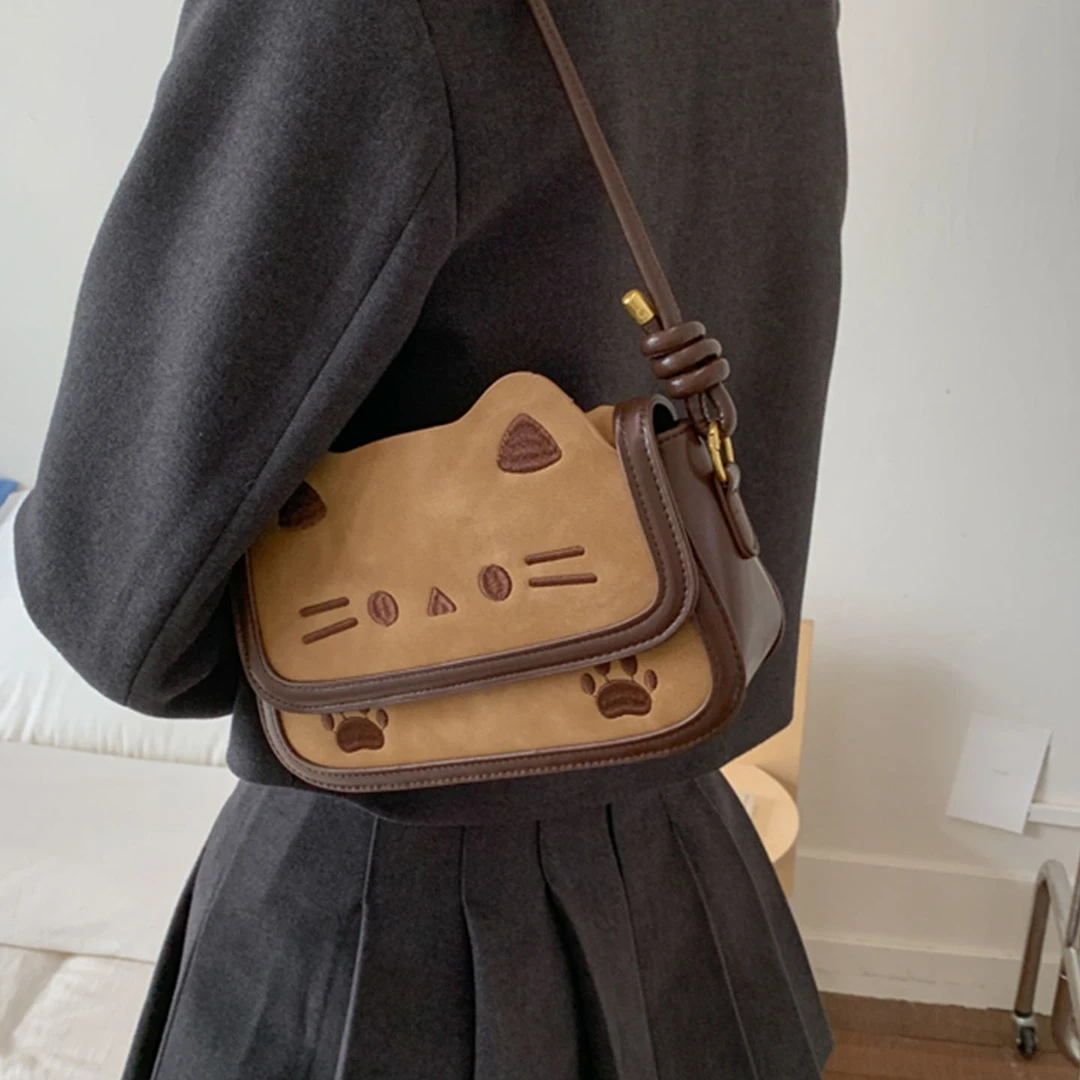 可爱小猫精致时尚百搭单肩斜挎潮流简约少女风2025秋季手提小方包