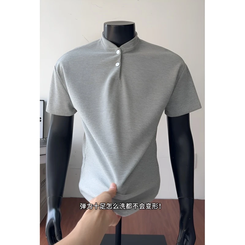 美式复古短袖T恤男夏季重磅华夫格上衣潮牌高级感亨利领痞帅半袖
