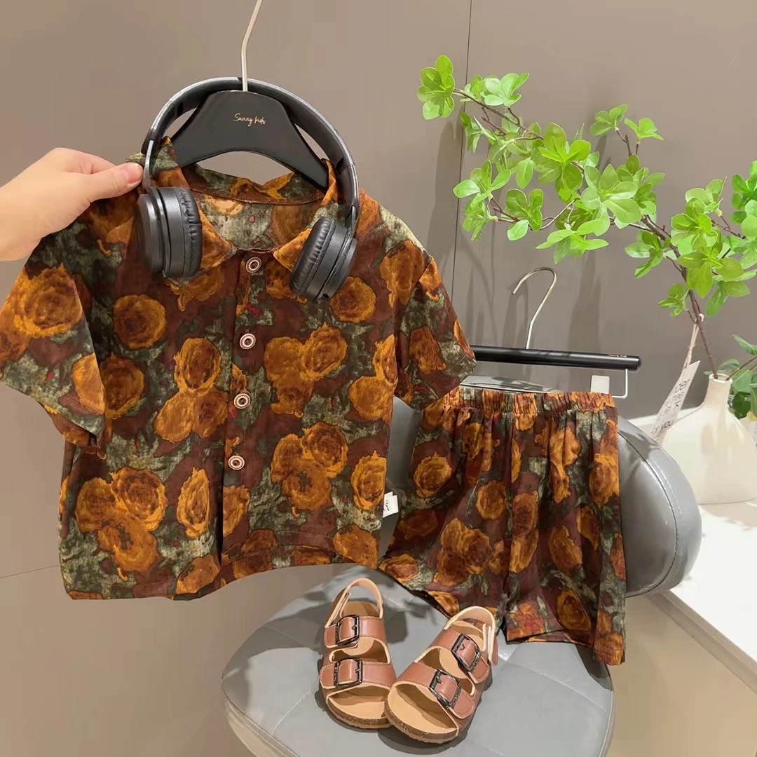 男童夏装套装复古夏季爆款童装2025夏天新款韩版潮流印花短袖短裤