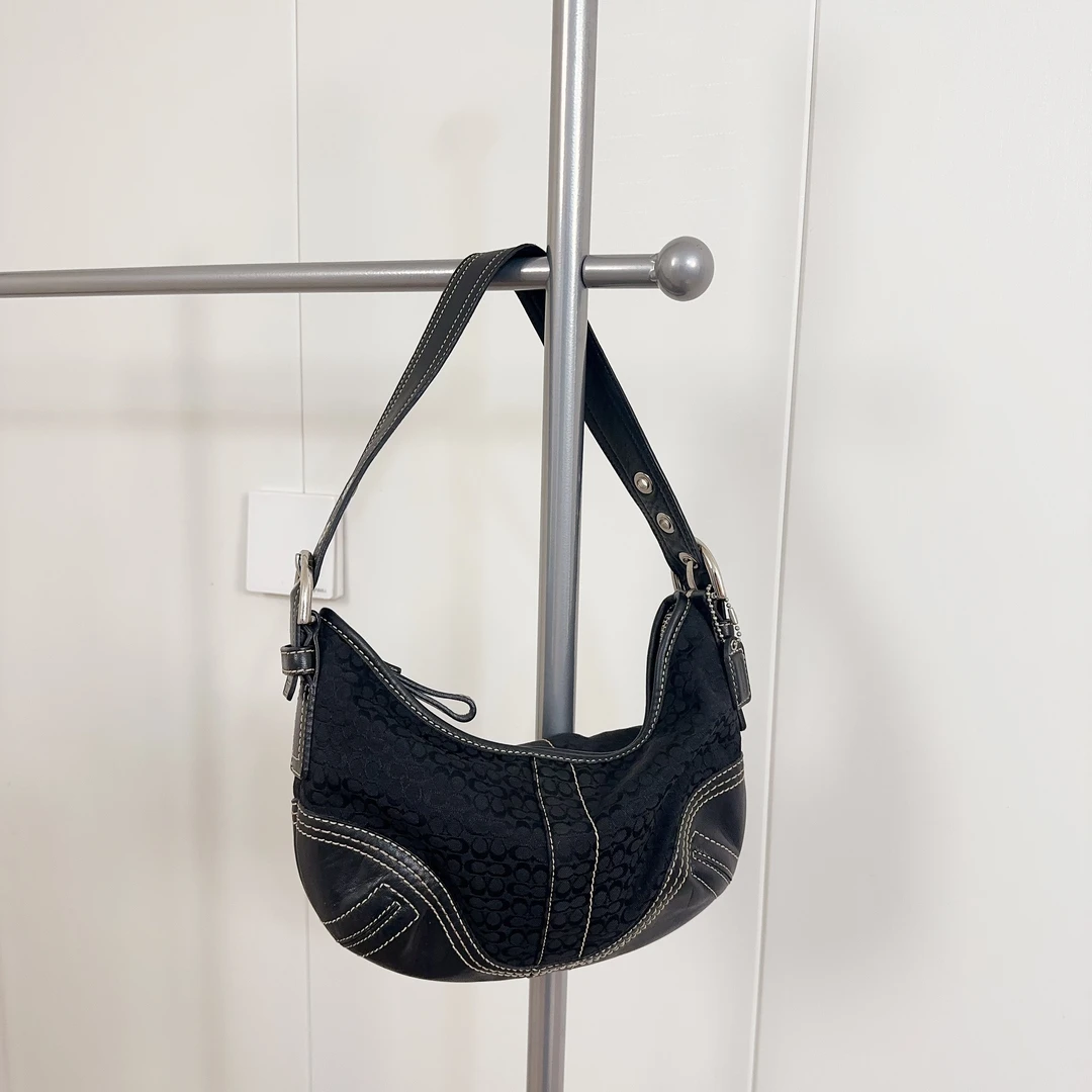 95新 COACH/蔻驰 coach黑老花拼皮黑银腋下hobo包70729282