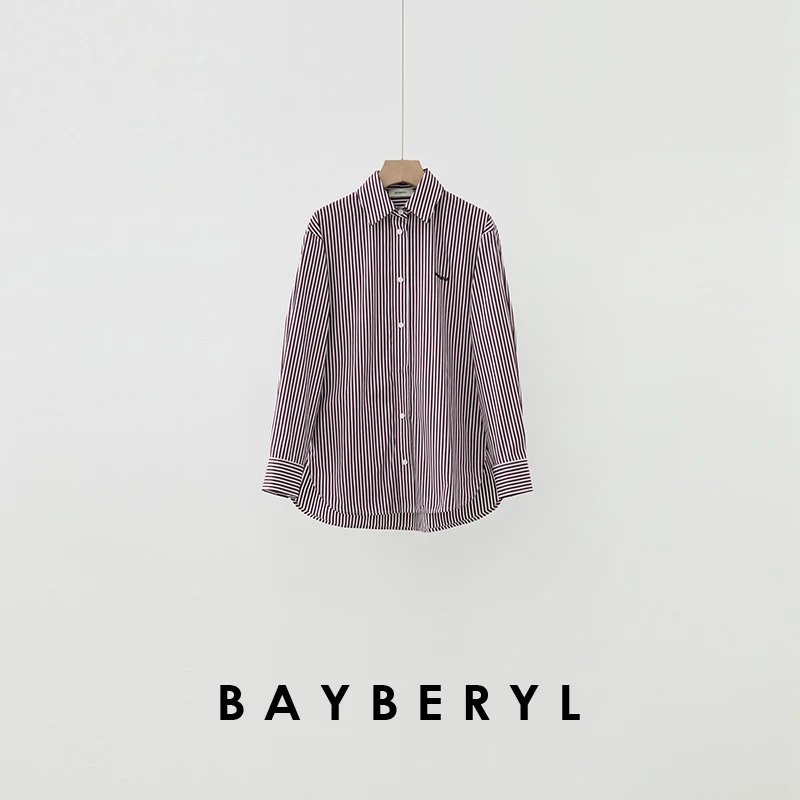 BAYBERYL老贝紫米*well经典翻领条纹排扣春棉衬衫NCY4K2207-12/19