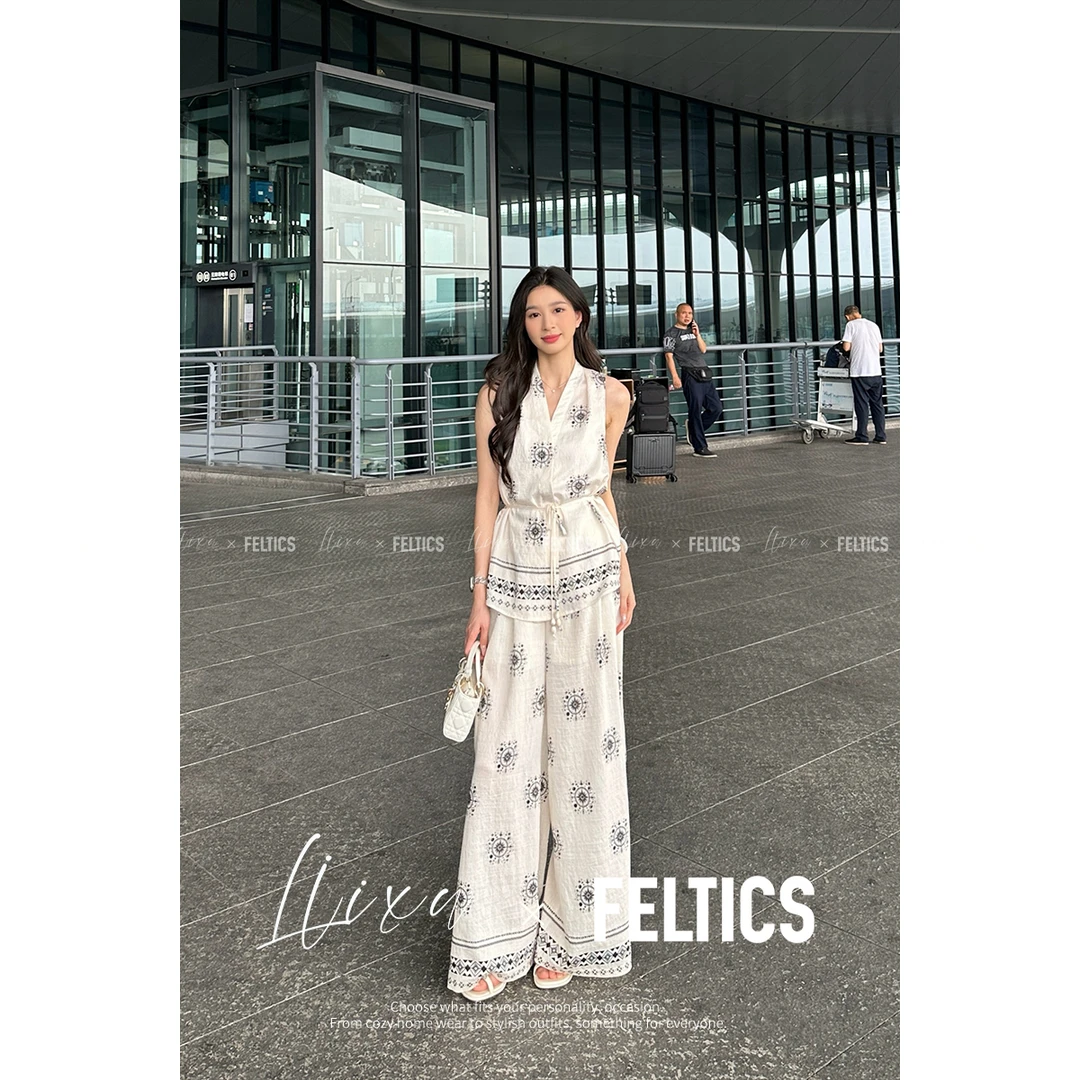 2025夏季复古印花收腰无袖背心高腰阔腿裤三件套F52FCG160