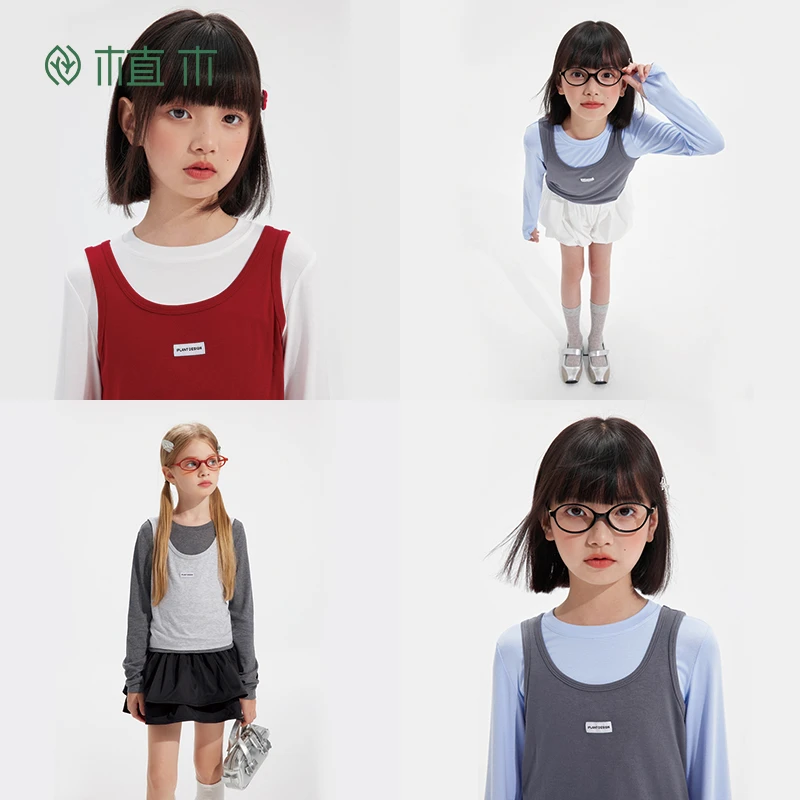 植木童装女童T恤2025新秋中大童真两件背心上衣儿童T恤